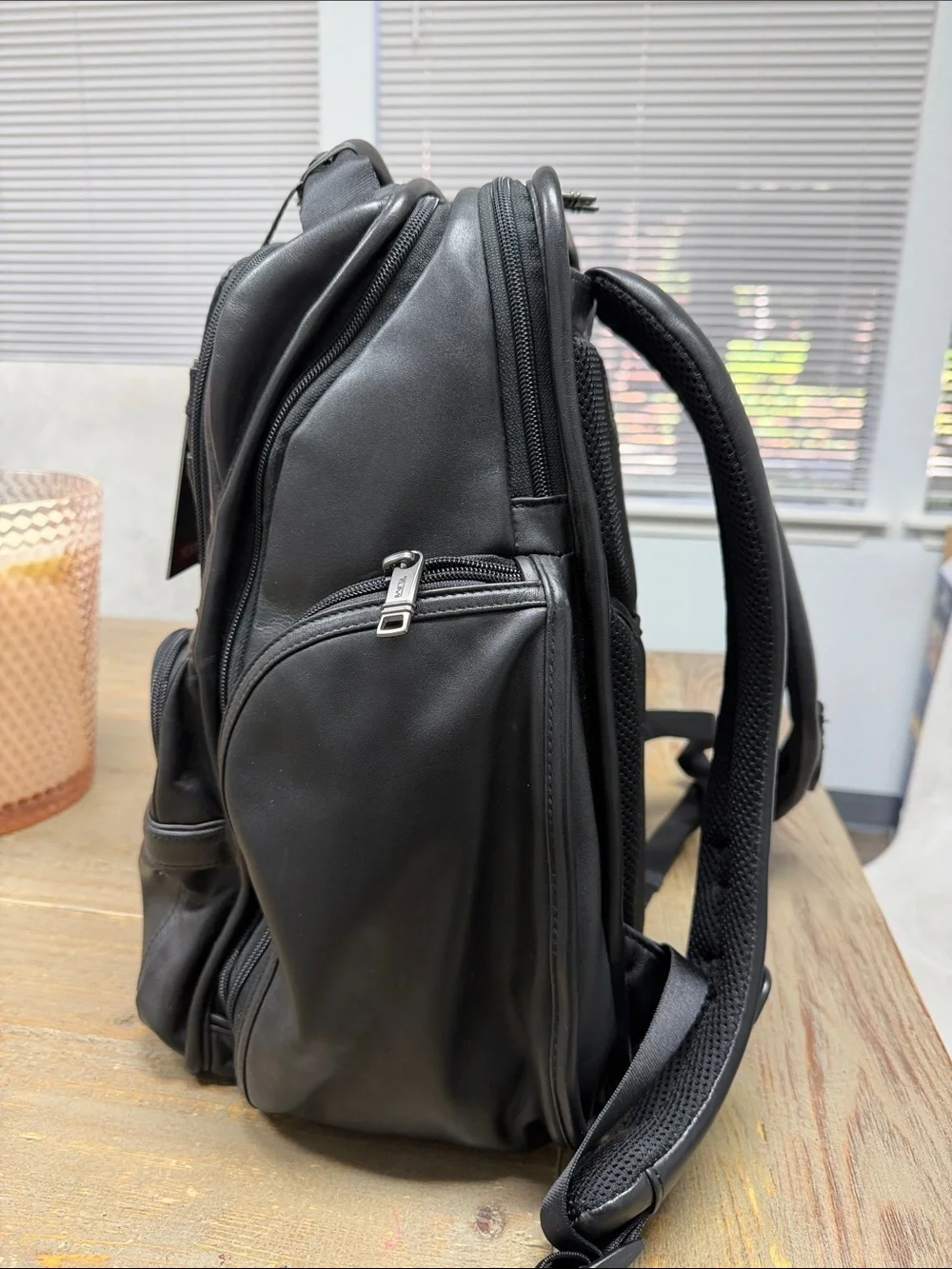 Tumi Black Leather Business Backpack with Front Organizer Pockets